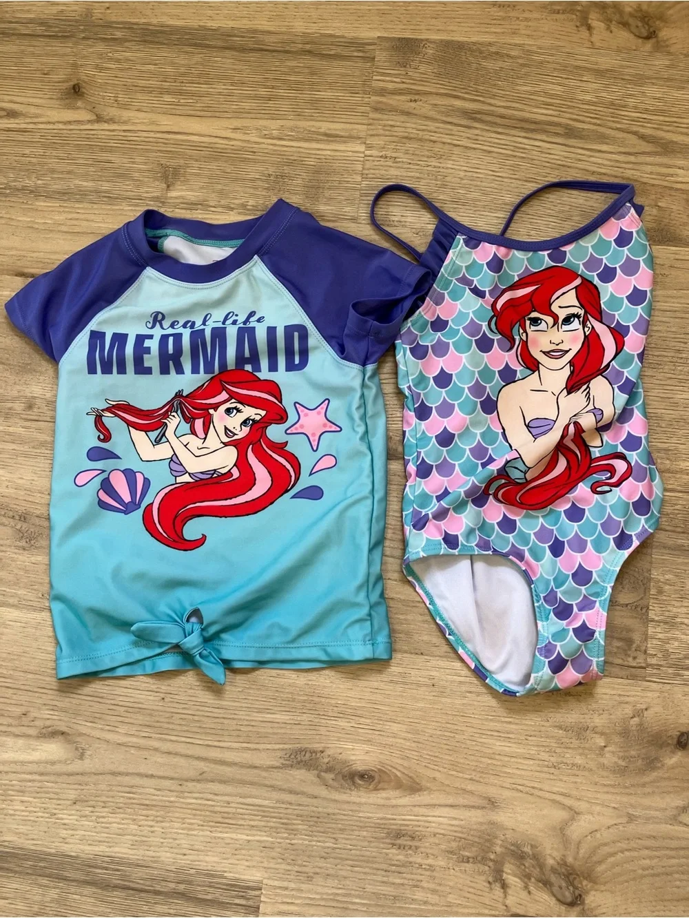 Girls' Blue & Purple Little Mermaid Rash Guard Top and Swimsuit Set